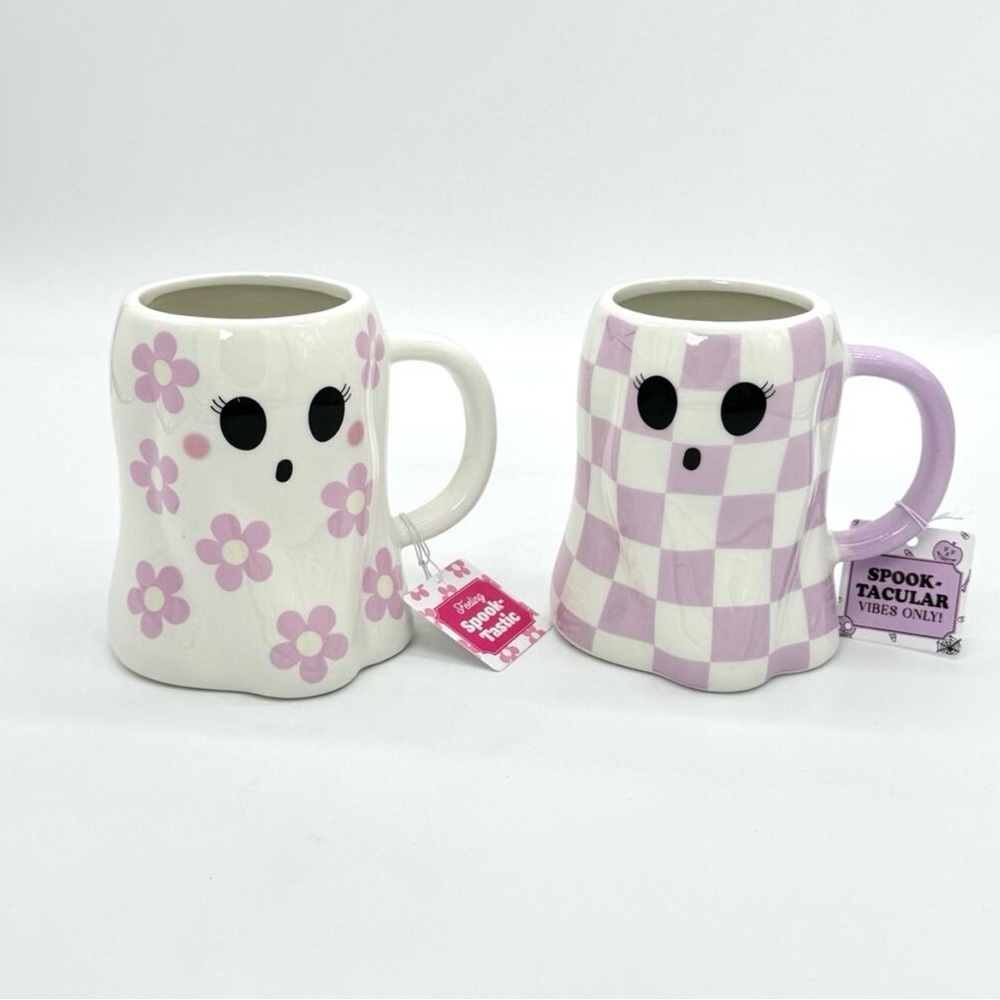 NEW 👻 Sunday Morning Checkered & Floral Ghost Mug SET 🌸